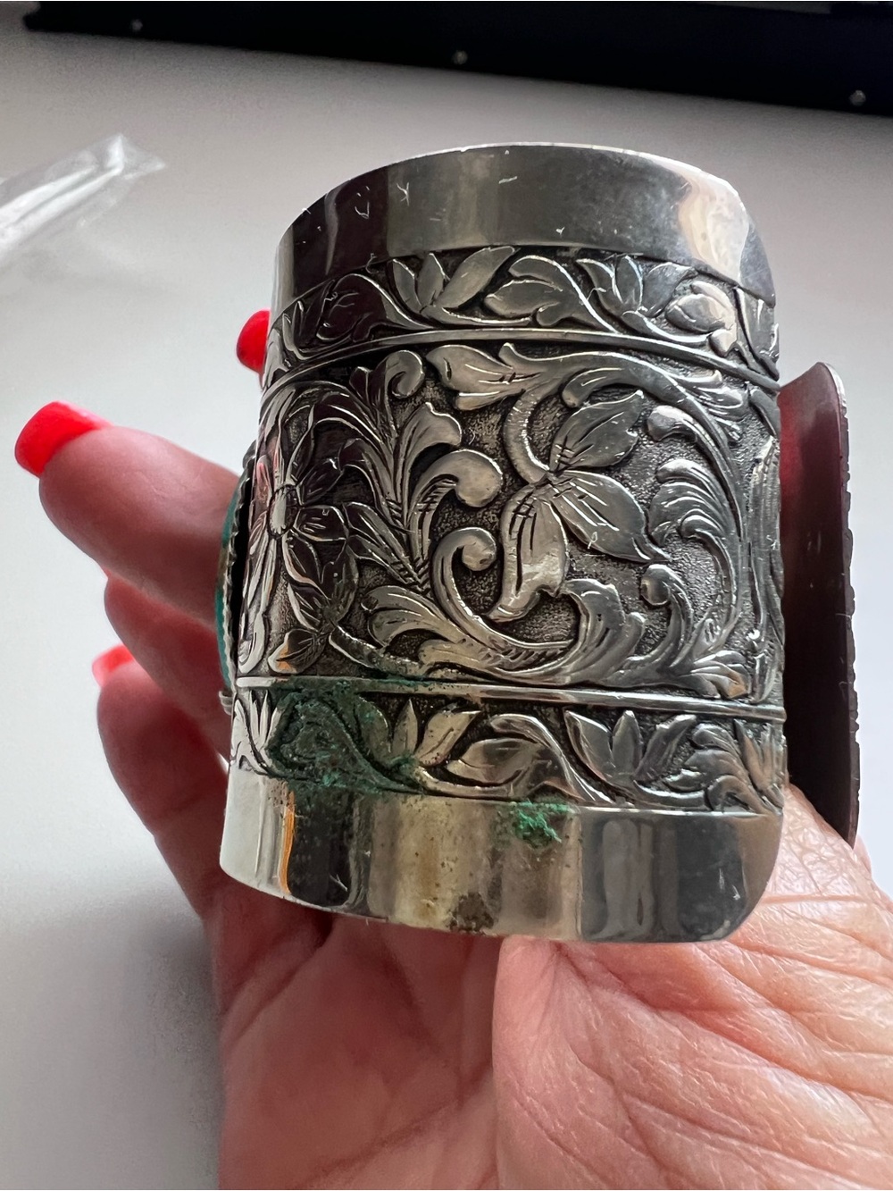 Vintage Engraved Sterling Silver Blue Gem Turquoise Wide Cuff Bracelet - Picture 2 of 8